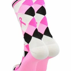 TCK Breast Cancer Awareness Ribbon Argyle Crew Socks Pink Black