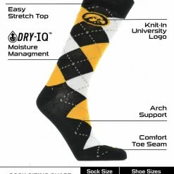 TCK All Schools Iowa Hawkeyes Argyle Dress Socks NCAA Fanwear Crew Length