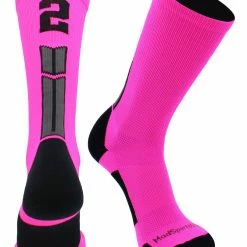 MadSportsStuff Neon Pink And Black Player ID Custom Number Crew Socks For Basketball Lacrosse Volleyball Boys And Girls