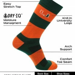 TCK All Schools Miami Hurricanes Socks Game Day Striped Crew Socks