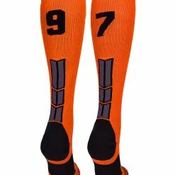 MadSportsStuff Orange And Black Player ID Custom Number Over The Calf Socks For Softball Baseball Football Boys And Girls