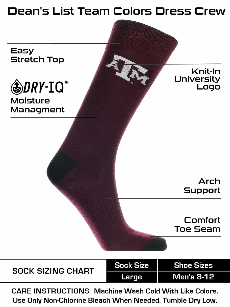 Discount ๐ TCK All Schools Texas A&M Aggies ๐ Dress ๐งฆ Socks Dean's List Crew Length ๐งฆ Socks ๐ฅ 3 TCK All Schools Texas A&M Aggies Dress Socks Dean's List Crew Length Socks