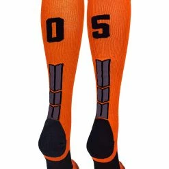 MadSportsStuff Orange And Black Player ID Custom Number Over The Calf Socks For Softball Baseball Football Boys And Girls