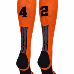 MadSportsStuff Orange And Black Player ID Custom Number Over The Calf Socks For Softball Baseball Football Boys And Girls