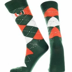 TCK Miami Hurricanes Argyle Dress Socks NCAA Fanwear Crew Length All Schools