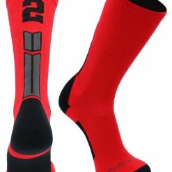 MadSportsStuff Red And Black Player ID Custom Number Crew Socks For Basketball Lacrosse Volleyball Boys And Girls Volleyball Socks