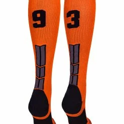MadSportsStuff Orange And Black Player ID Custom Number Over The Calf Socks For Softball Baseball Football Boys And Girls