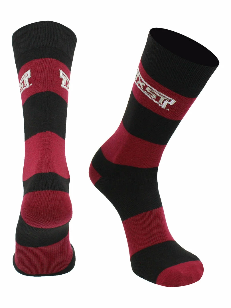 Hot Sale ❤️ TCK All Schools Texas State Bobcats 🧦 Socks Game Day Striped Crew 🧦 Socks ✨ 2 TCK All Schools Texas State Bobcats Socks Game Day Striped Crew Socks