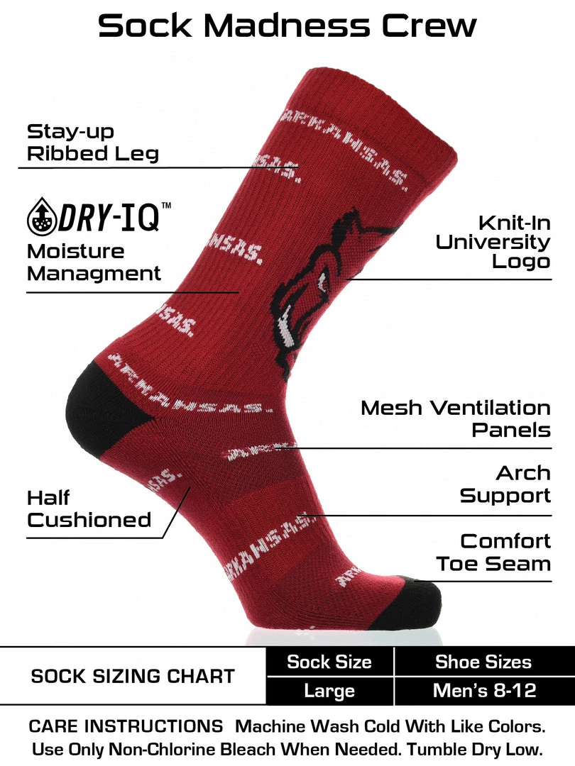 Flash Sale ๐ TCK Arkansas Razorbacks ๐งฆ Socks Crew Length Sock Mayhem All Schools โ๏ธ 3 TCK Arkansas Razorbacks Socks Crew Length Sock Mayhem All Schools