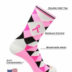 TCK Breast Cancer Awareness Ribbon Argyle Crew Socks Pink Black