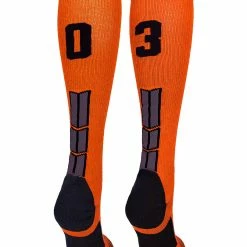 MadSportsStuff Orange And Black Player ID Custom Number Over The Calf Socks For Softball Baseball Football Boys And Girls
