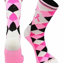 TCK Breast Cancer Awareness Ribbon Argyle Crew Socks Pink Black
